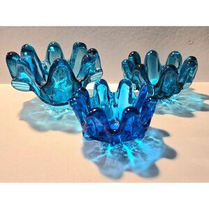 Set Of 3 Murano Blue Glass Sculptural Bowls With Organic Wave Design